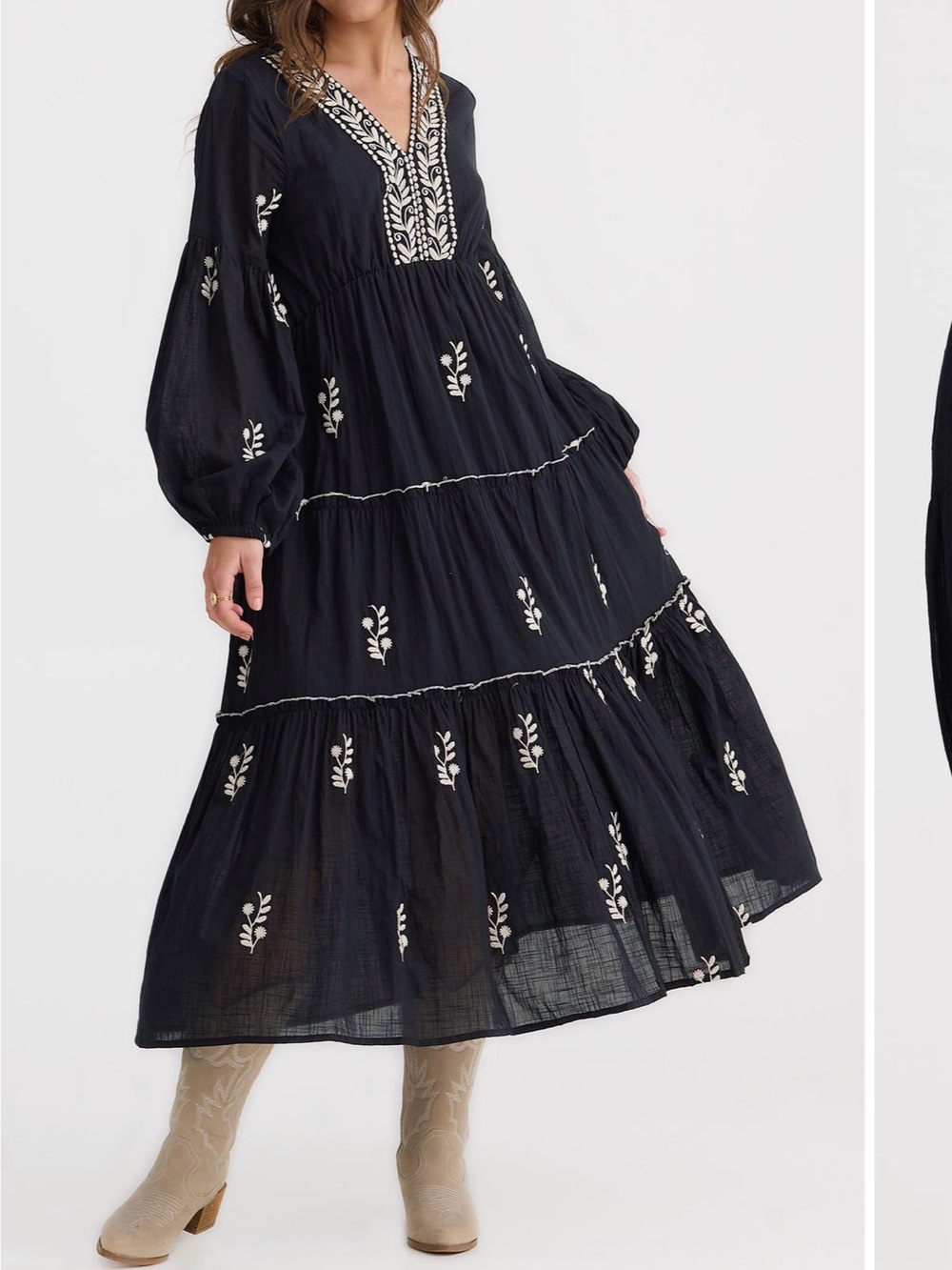 Black Embroidered V-Neck Tiered Midi Dress